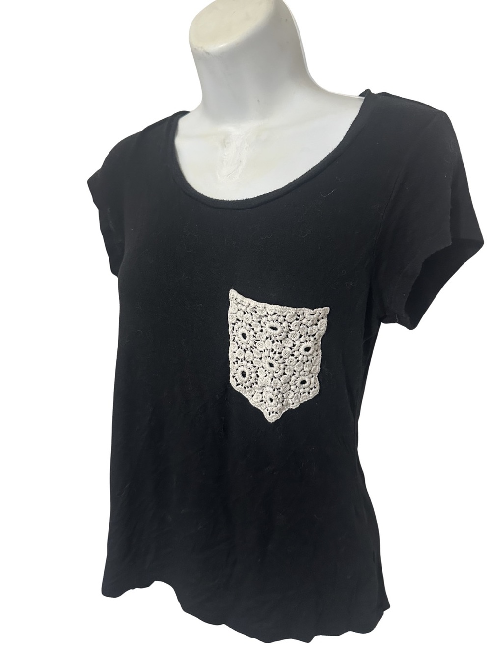 Ocasion Black Crochet Pocket Tee • Boho Casual Top • Size S